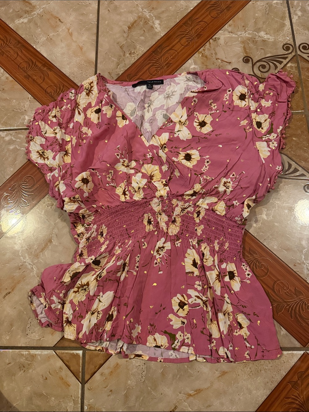 Forever 21 Mauve Floral Smocked V-Neck Blouse